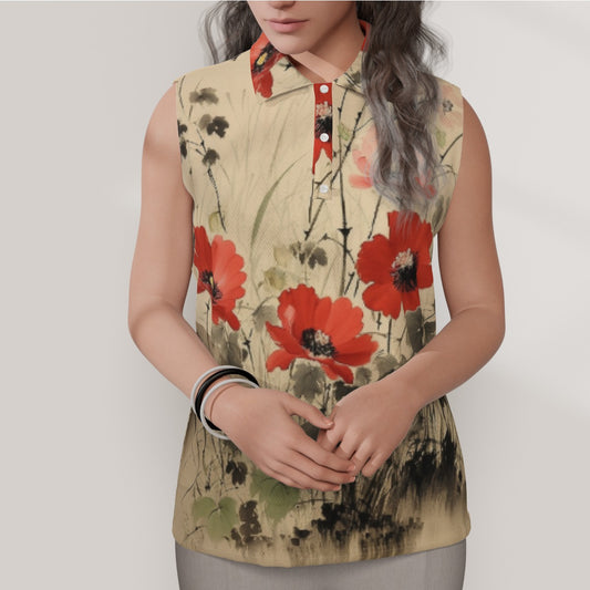 Poppy Print Sleeveless Polo Shirt - Watercolor Floral Top