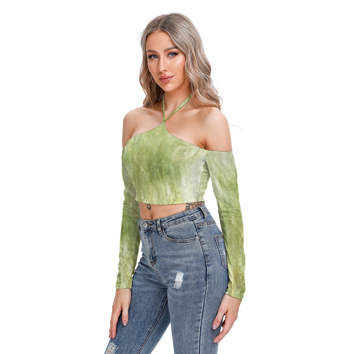 Green Tie-Dye Halter Crop Top – Off Shoulder, Trendy & Chic