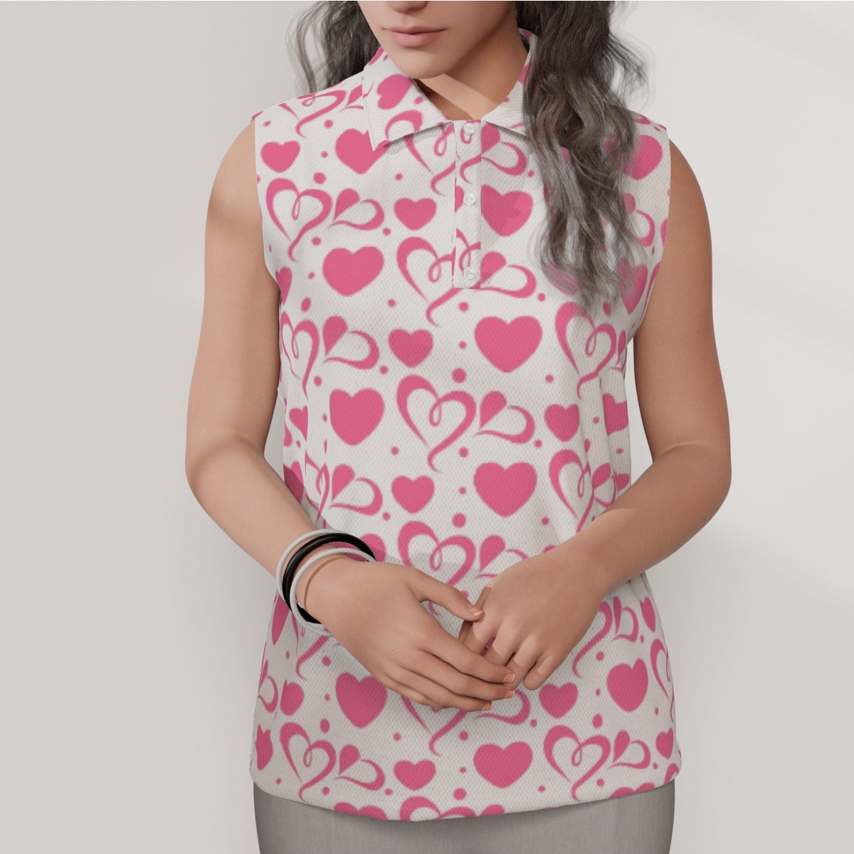 Heart Print Sleeveless Polo Shirt Top