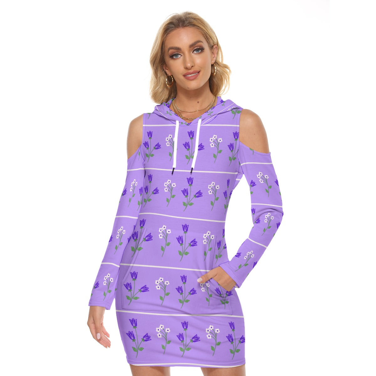 Lavender Cold Shoulder Hoodie Dress - Floral Chic