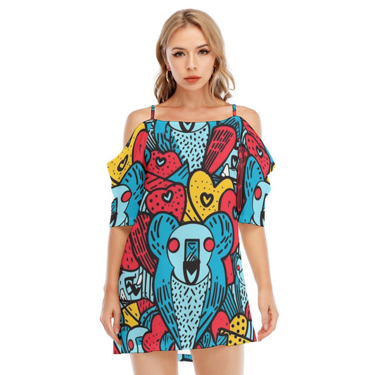 Vibrant Parrot Print Off-Shoulder Dress