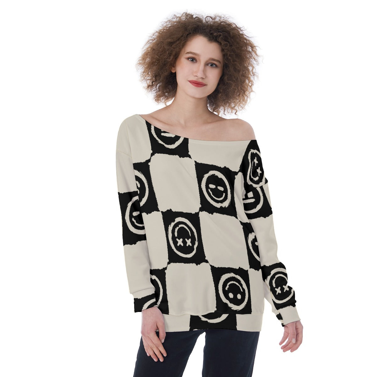 Oversized Off-Shoulder Checkerboard Sweatshirt – Abstract Print