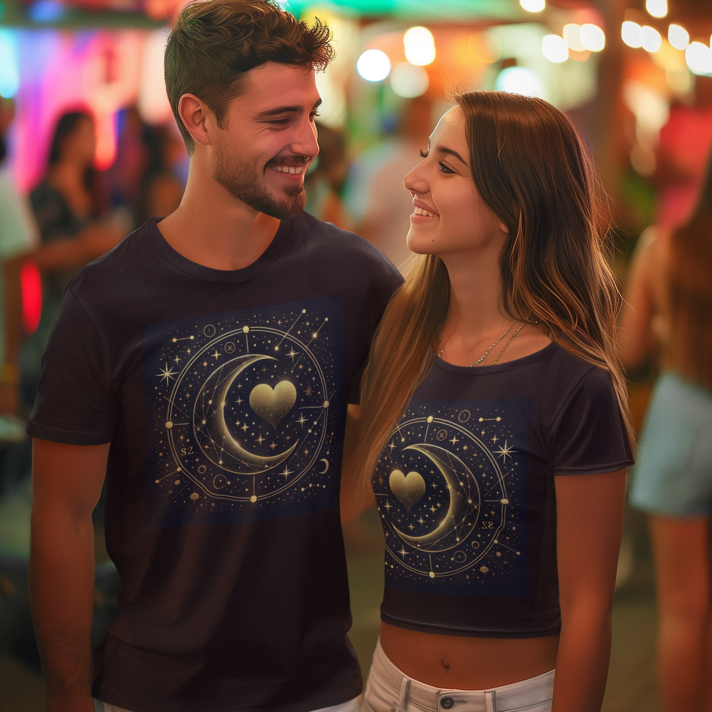 Celestial Heart Tee – Gold Moon & Starry Sky Matching Shirt