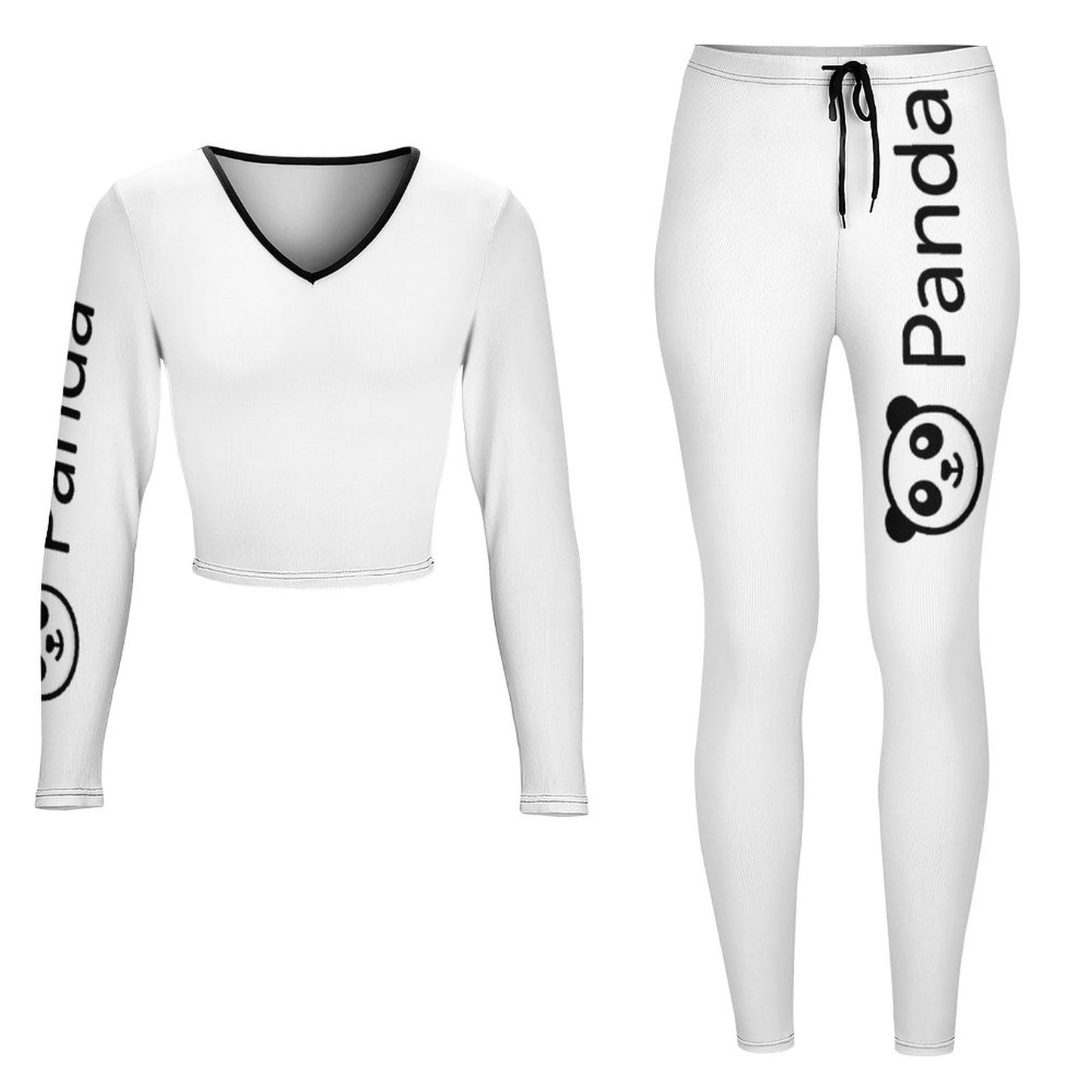 White V-Neck Panda Print Sweatshirt & Sweatpants Set