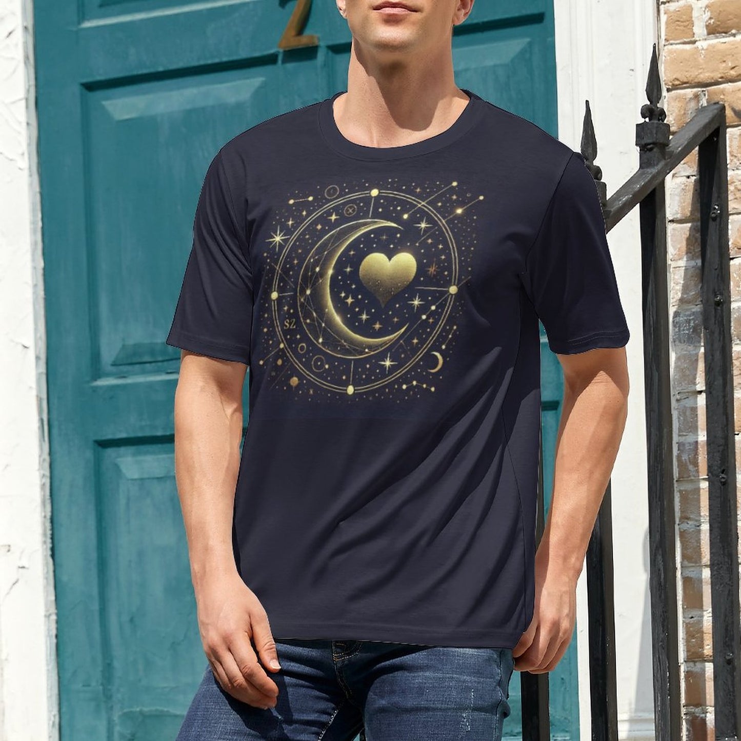 Celestial Heart Tee – Gold Moon & Starry Sky Matching Shirt