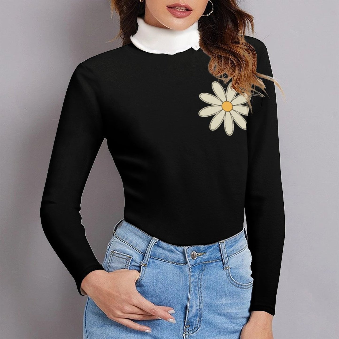 Black Turtleneck Sweater Dress with Daisy Print – Cozy Women’s Winter Pullover