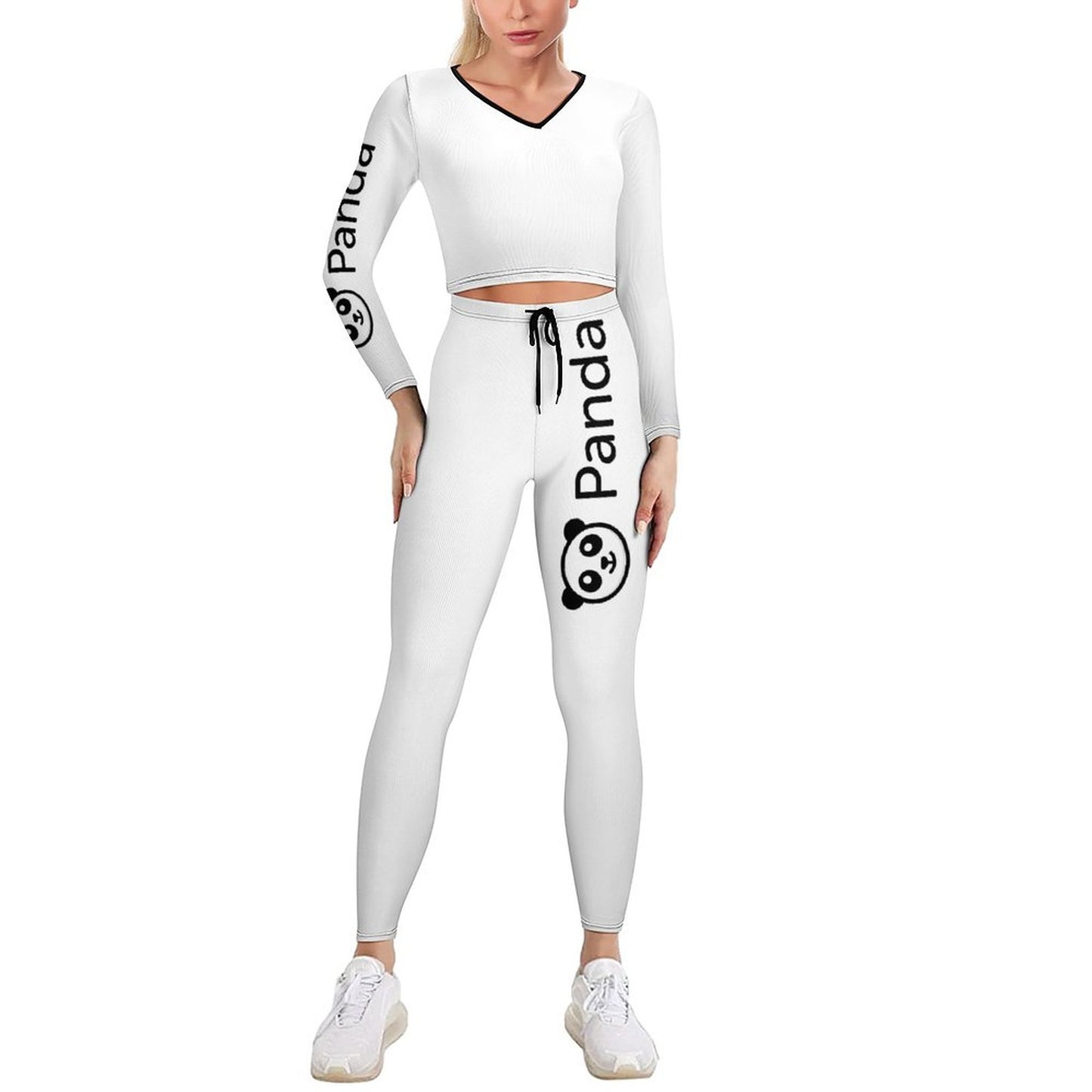 White V-Neck Panda Print Sweatshirt & Sweatpants Set