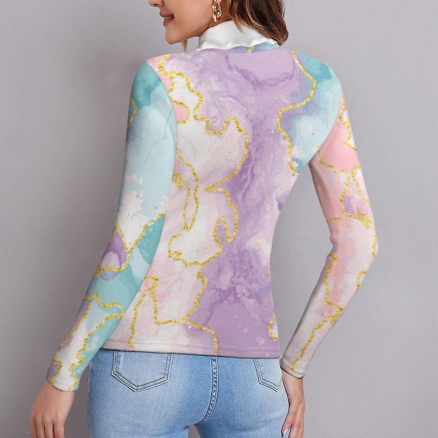 Marble Print Long Sleeve Turtleneck Sweater for Women