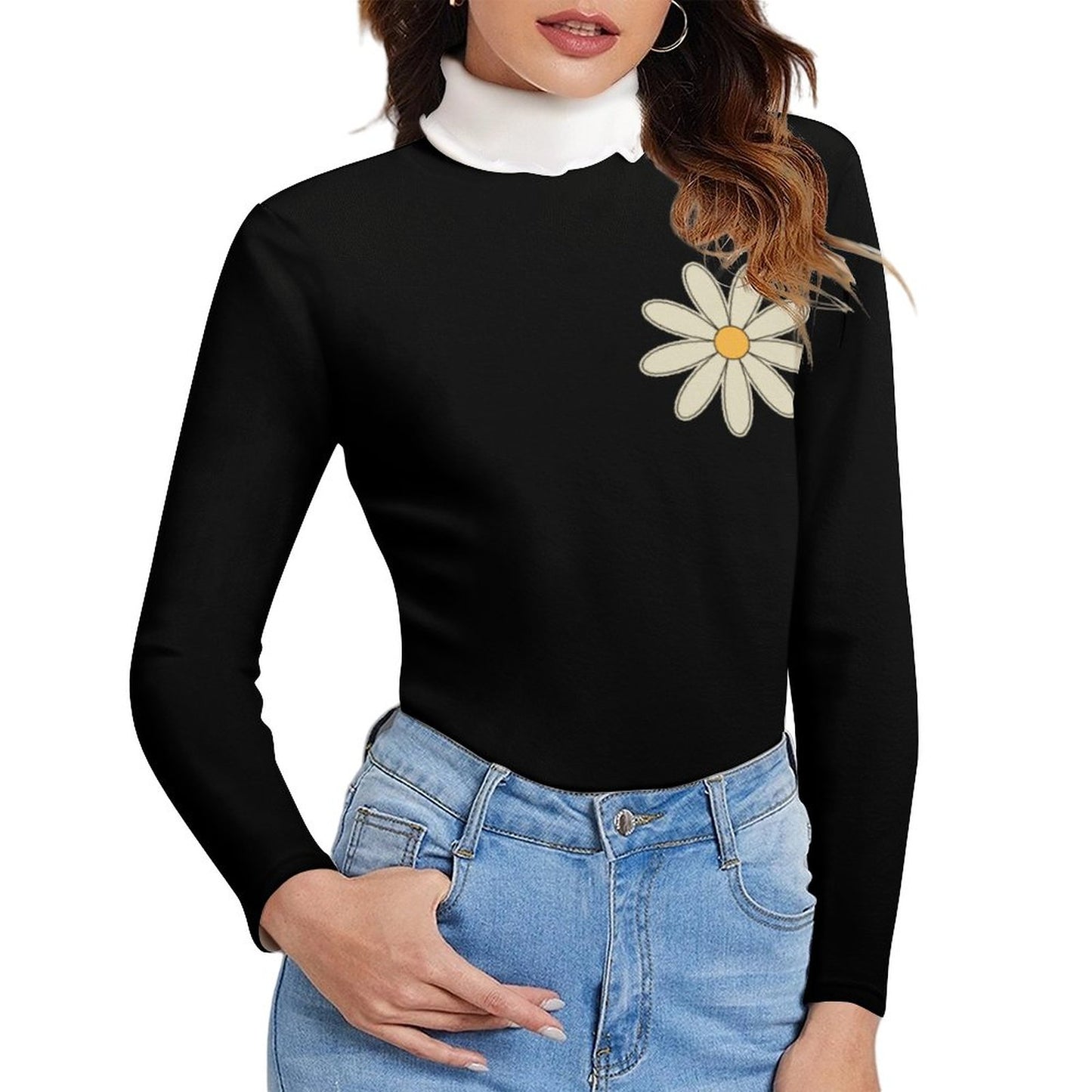 Black Turtleneck Sweater Dress with Daisy Print – Cozy Women’s Winter Pullover