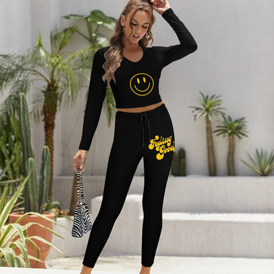 Black V-Neck Sweatshirt & Sweatpants Set