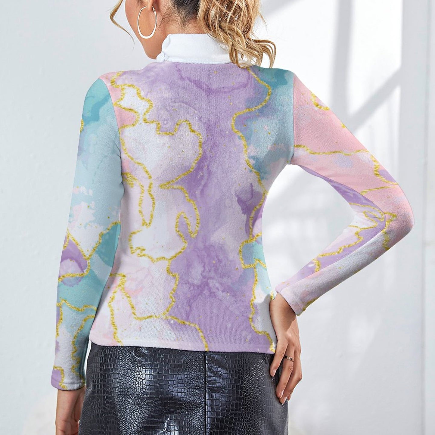 Marble Print Long Sleeve Turtleneck Sweater for Women