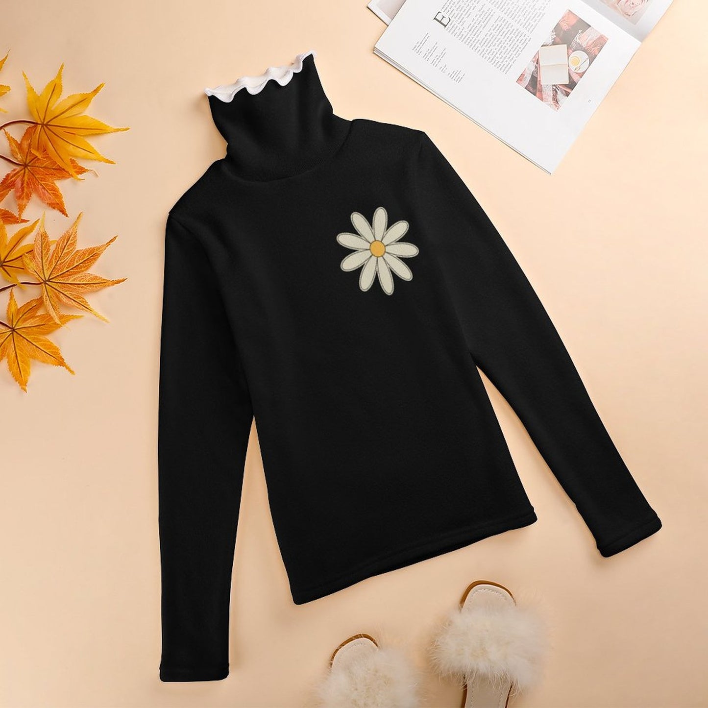 Black Turtleneck Sweater Dress with Daisy Print – Cozy Women’s Winter Pullover