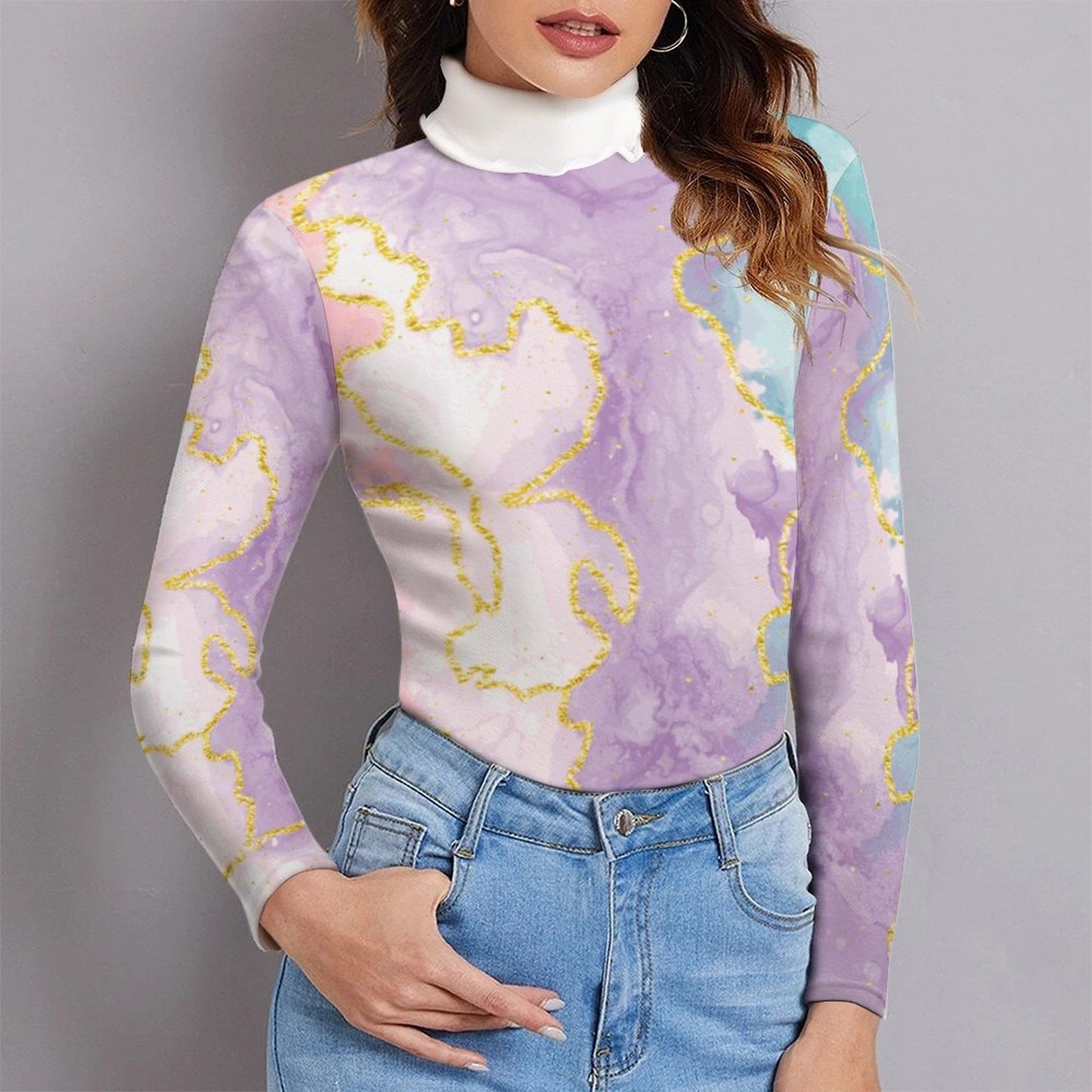 Marble Print Long Sleeve Turtleneck Sweater for Women