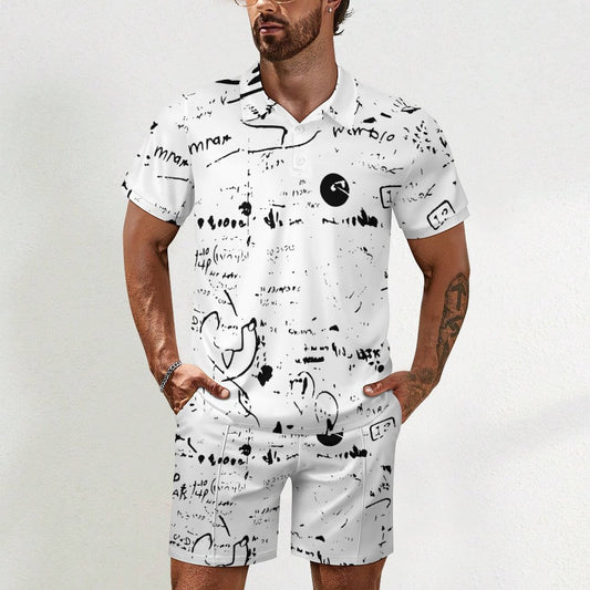 Handwritten Graffiti Polo Shirt & Shorts Set - Bold Black and White Design